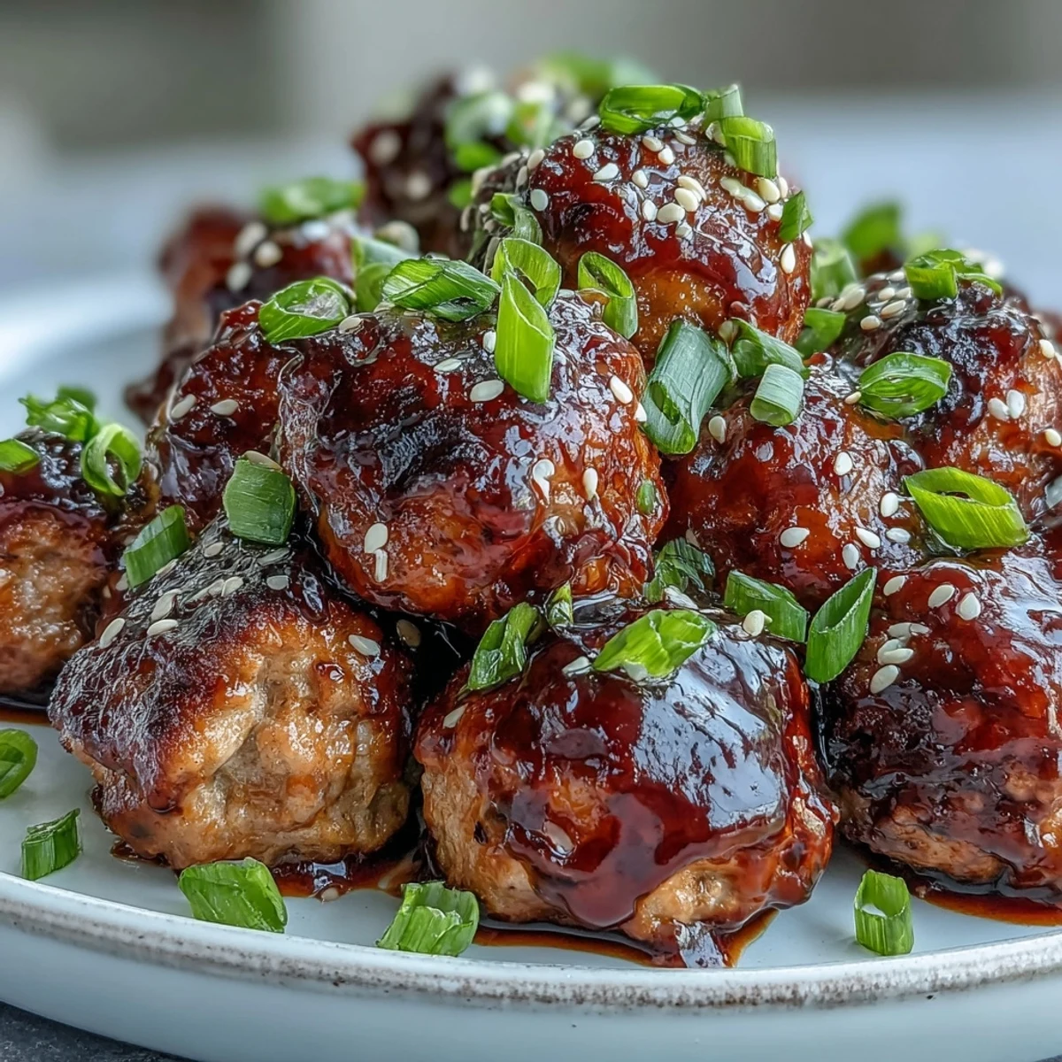 Oven-baked Spicy Chili Honey Turkey Meatballs glazed in a sweet, spicy sauce, garnished with green onions for an easy appetizer.