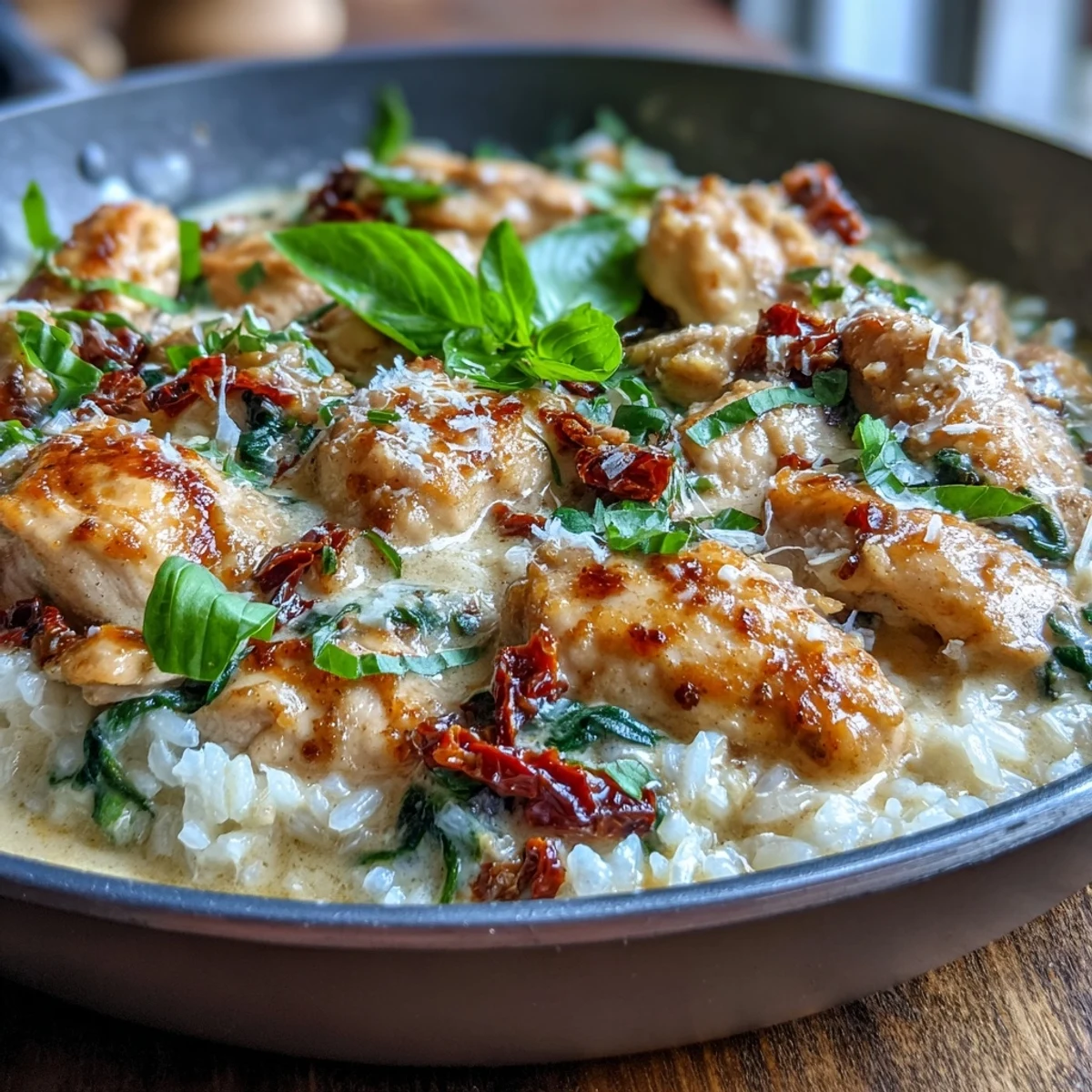 Creamy Tuscan Chicken Rice Skillet with golden chicken, spinach, and sun-dried tomatoes in a rich Parmesan sauce, served hot.