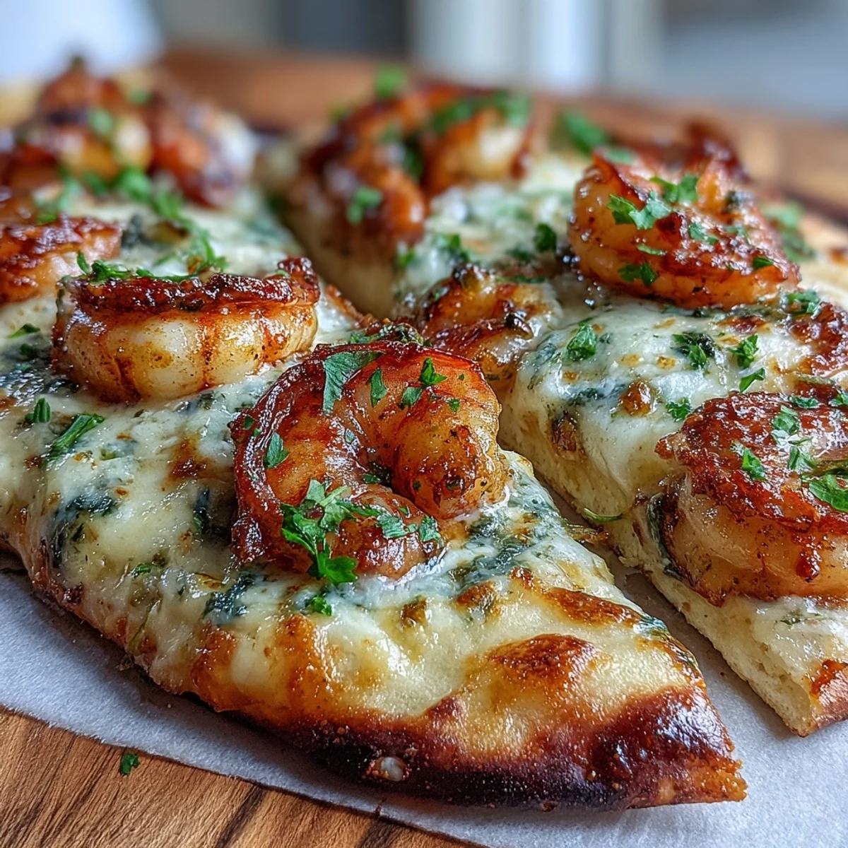 Crispy naan base holds sautéed shrimp in garlic butter, topped with Parmesan and parsley.