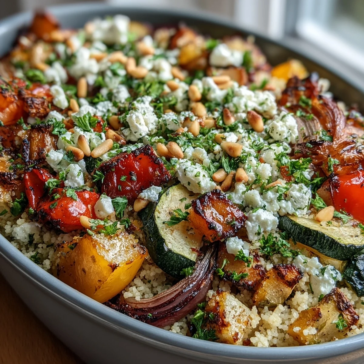 Golden-brown roasted vegetables and fluffy couscous mixed with melty feta cheese in a baked casserole dish.