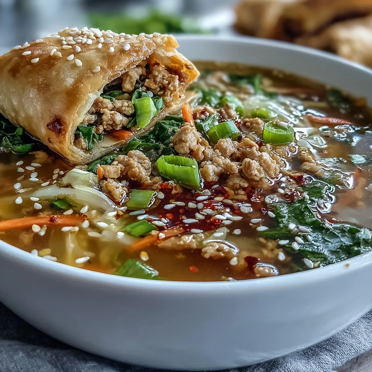 A steaming bowl of Egg Roll Soup with Chicken & Cabbage garnished with green onions and sesame seeds.