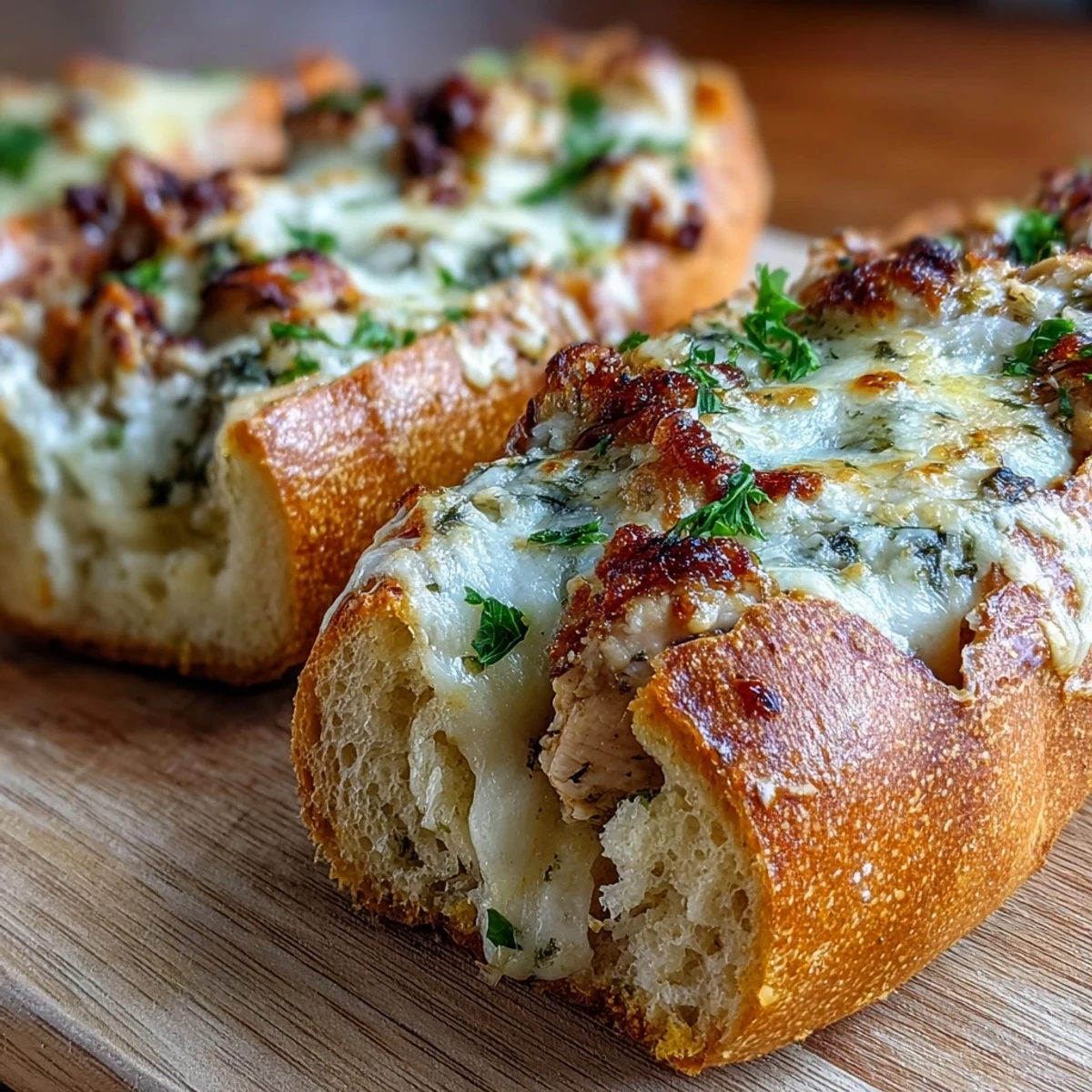 Freshly baked Pesto Chicken Garlic Bread Boats with melted mozzarella bubbling over the edges.