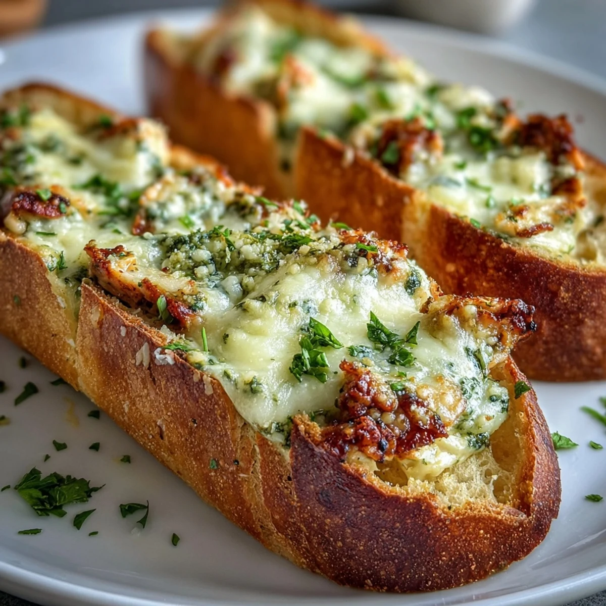 Golden, crusty Pesto Chicken Garlic Bread Boats served warm with a side of marinara sauce.