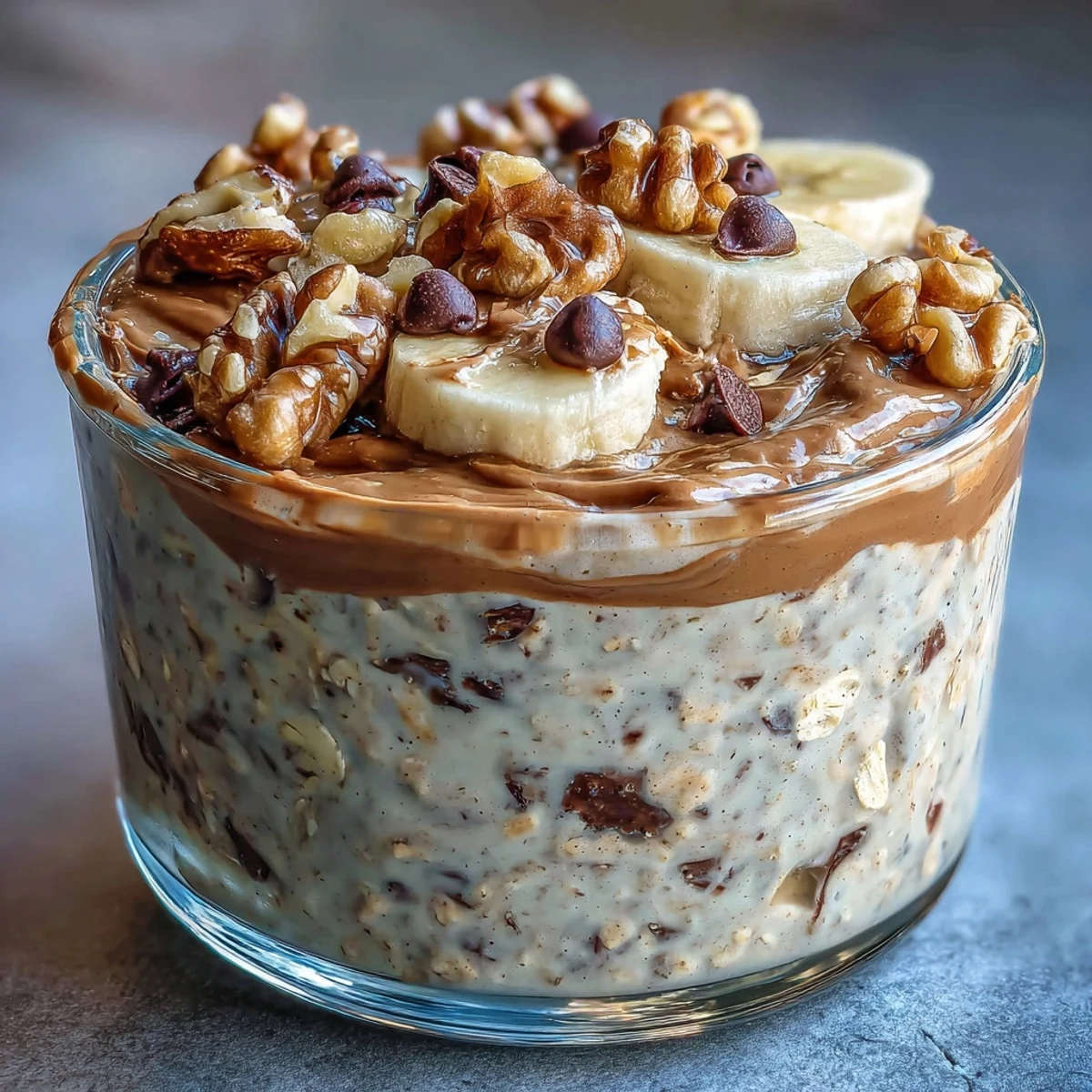 Thick and creamy overnight oats in a glass jar with banana slices, walnuts, and peanut butter drizzle.