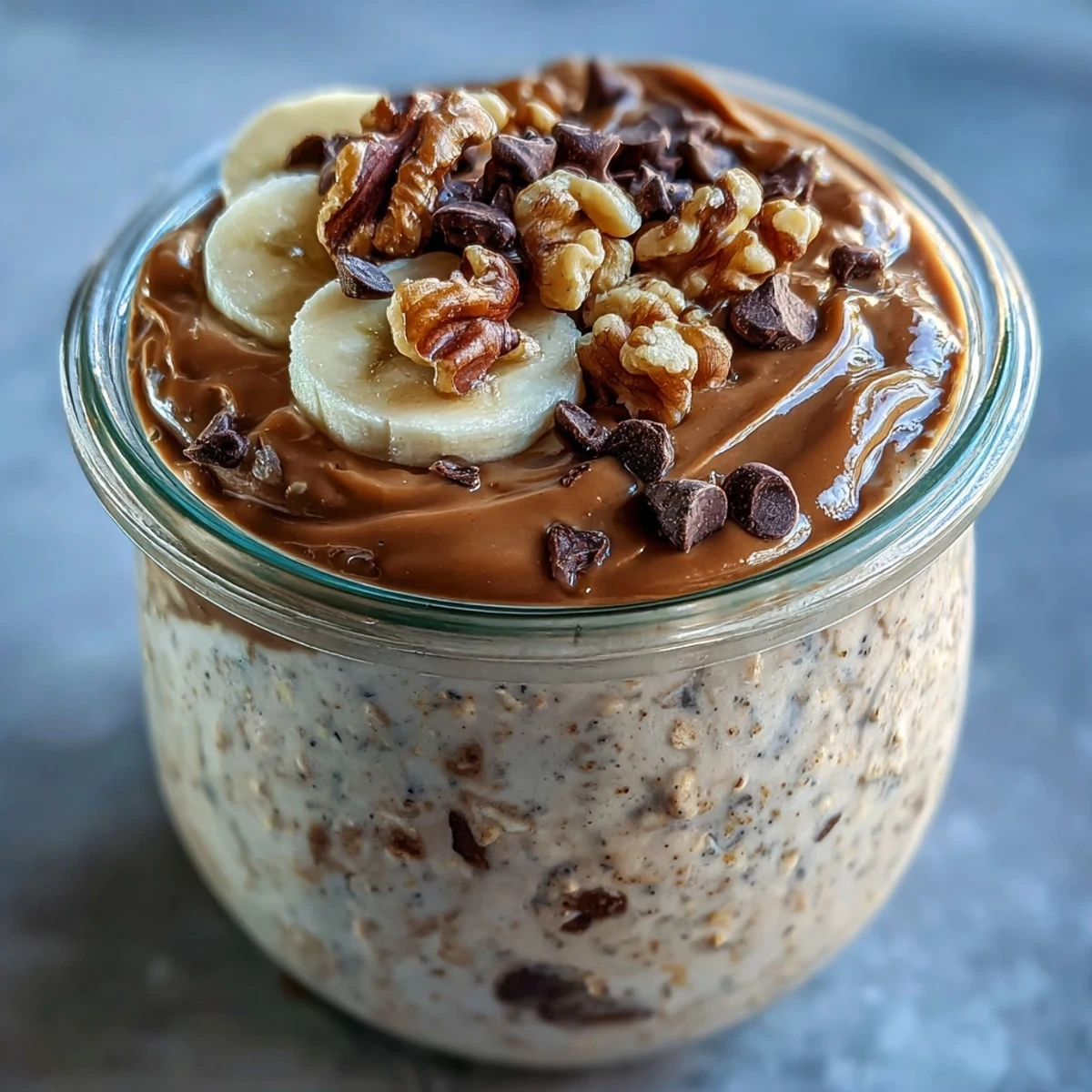 Chunky Monkey Protein Overnight Oats topped with chopped walnuts and mini chocolate chips, ready to enjoy.