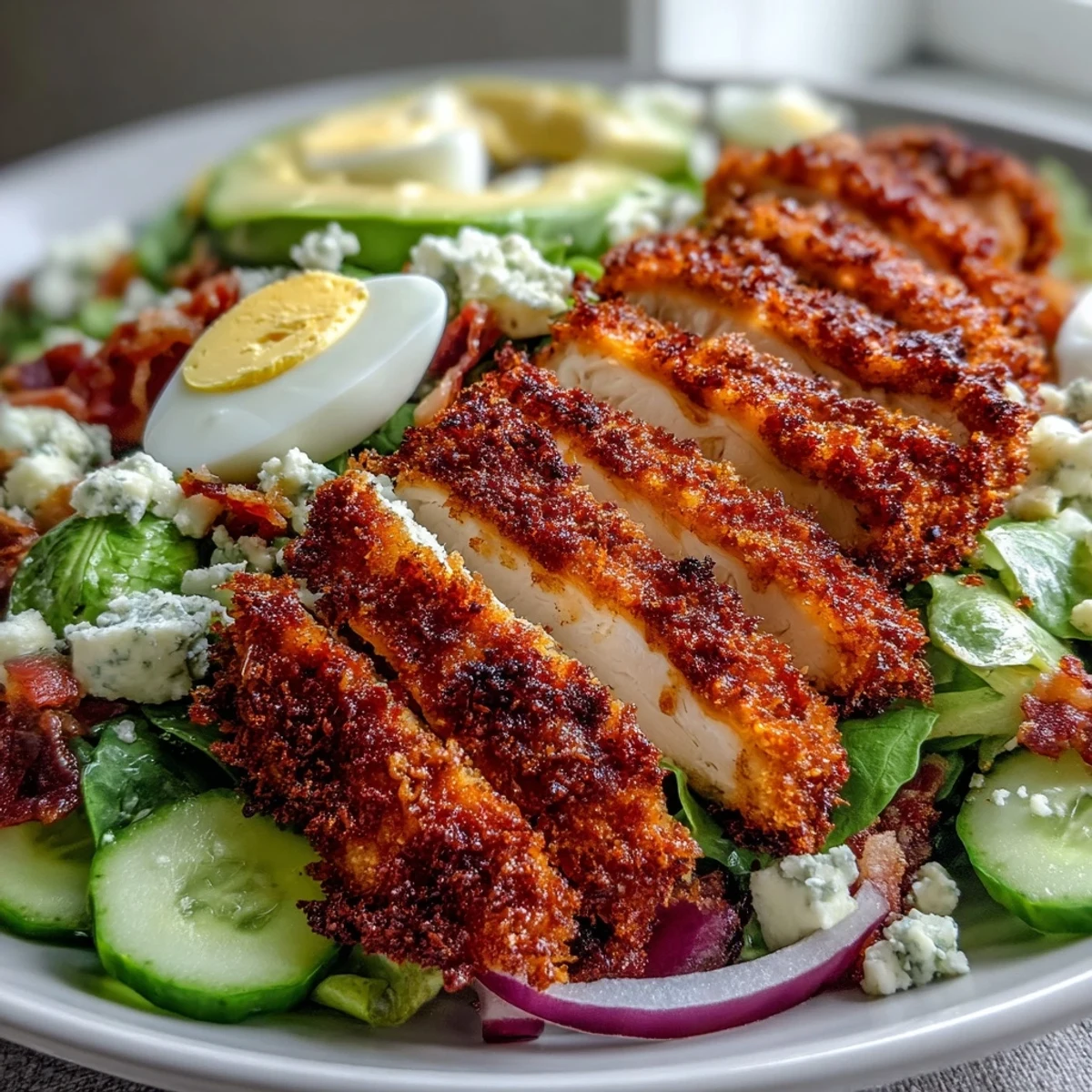Crispy Parmesan Crusted Chicken Cobb Salad with bacon, blue cheese, and a tangy vinaigrette on a vibrant bed of greens.