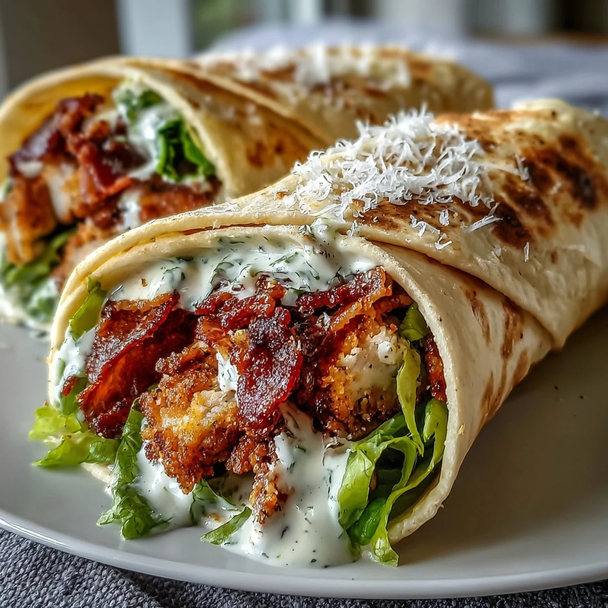 Two golden-brown Crispy Chicken Bacon Caesar Wraps sliced on a wooden board, garnished with grated Parmesan.