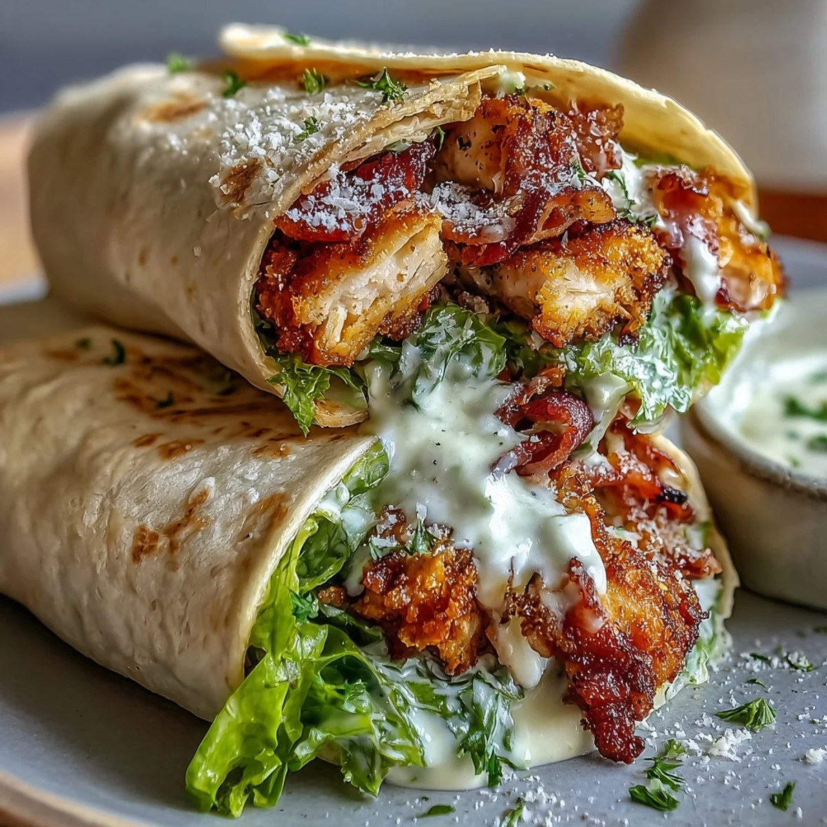 Freshly made Crispy Chicken Bacon Caesar Wraps served with lemon wedges on a plate, ready to enjoy.