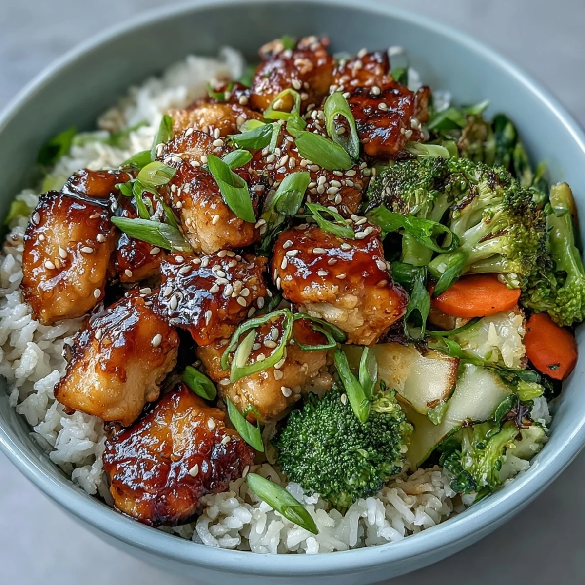 Asian-inspired Honey Garlic Chicken Bowl featuring juicy chicken in a rich glaze, fresh steamed vegetables, and a sprinkle of toasted sesame seeds.