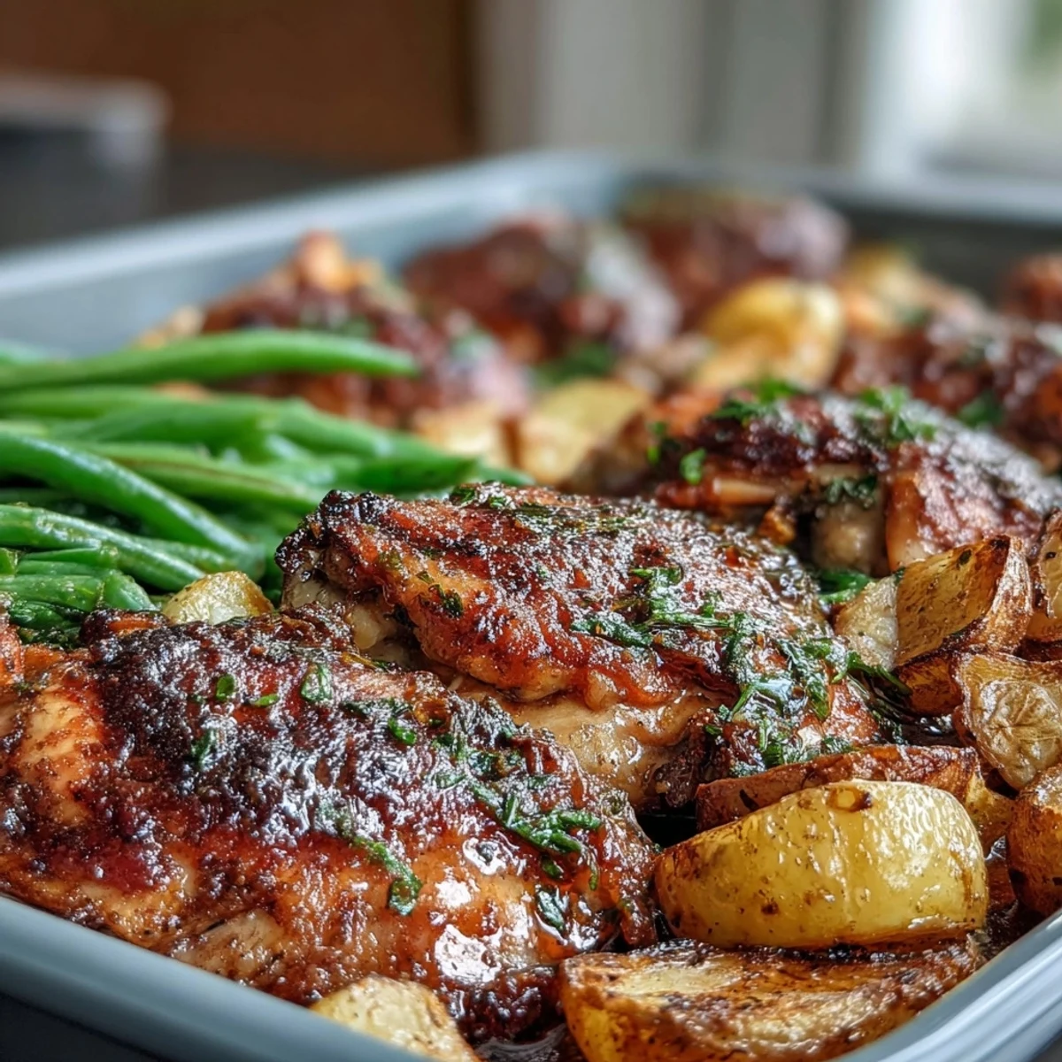 Sheet Pan Lemon Garlic Chicken with Potatoes and Green Beans - golden chicken breasts roasted with zesty lemon, garlic, and fresh green beans.  