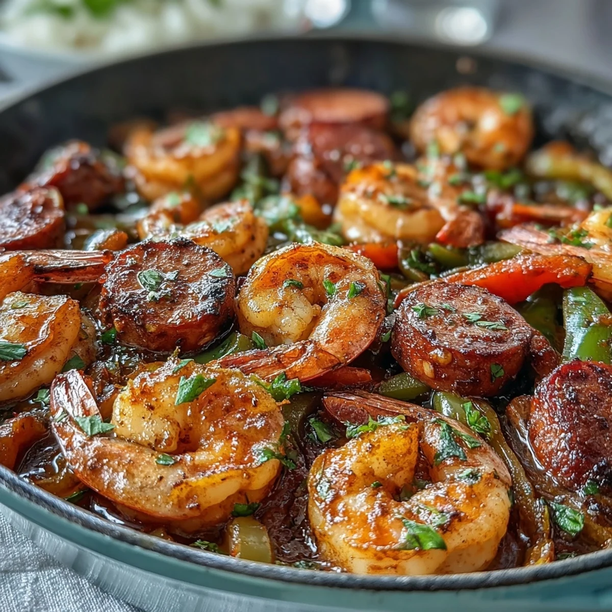 Keto Cajun Shrimp and Sausage Skillet sizzling in a cast-iron pan, with tender shrimp, smoky sausage, and colorful bell peppers tossed in bold Cajun spices.