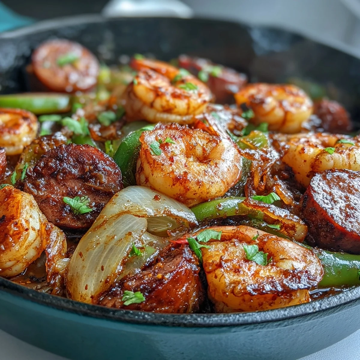 A vibrant one-pan meal featuring juicy shrimp and andouille sausage, sautéed with crisp bell peppers and zesty Cajun seasoning for a low-carb dinner.