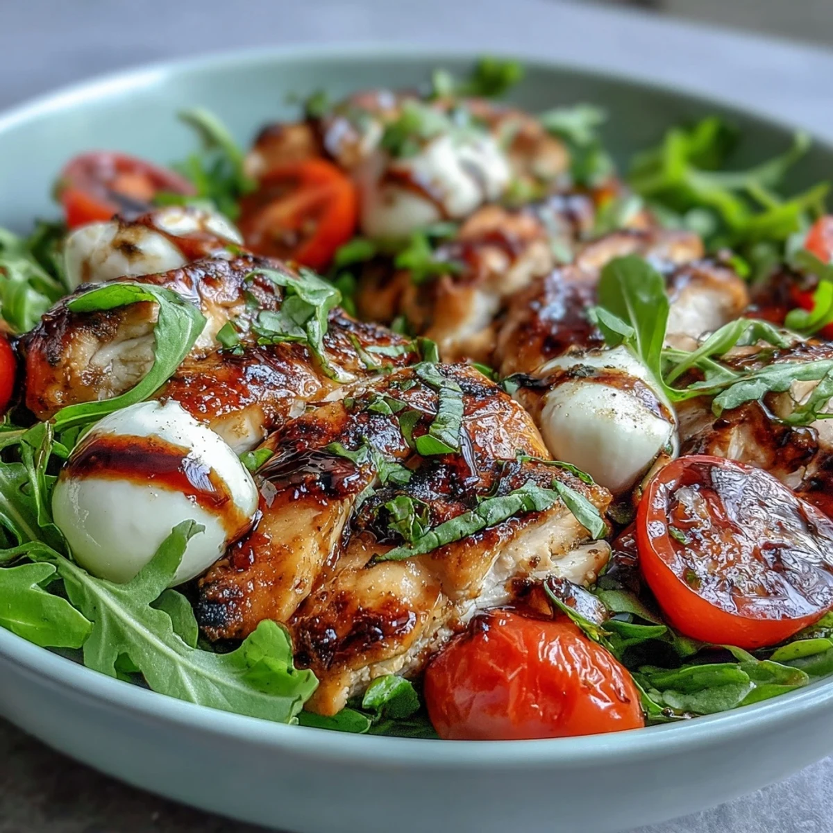Balsamic Reduction Caprese Bowls: Vibrant chicken and mozzarella salad with cherry tomatoes, basil, and a sweet-tangy balsamic glaze.  