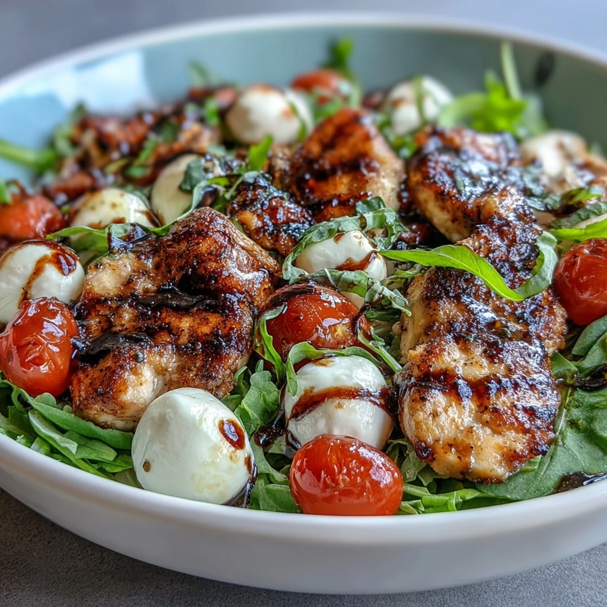 Caprese Chicken Bowls with Balsamic Glaze: Protein-rich grilled chicken served with fresh mozzarella, arugula, and basil in a balsamic-infused bowl.