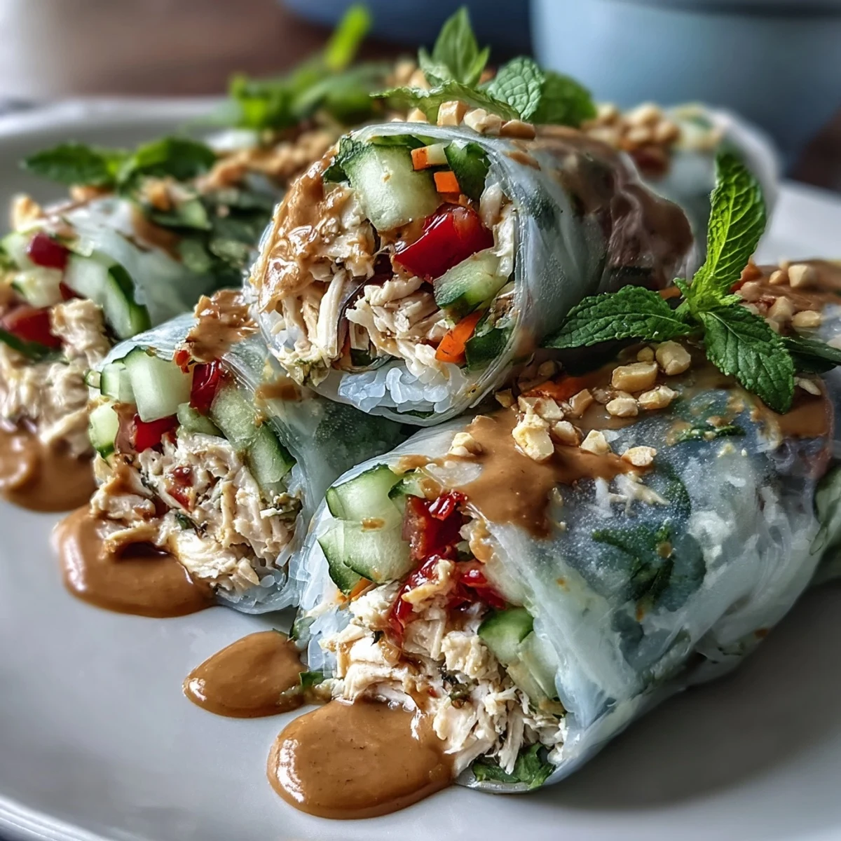 Light chicken and veggie spring rolls with peanut sauce: fresh, colorful rolls packed with tender chicken, crisp vegetables, and fragrant herbs, served with a creamy, tangy peanut dipping sauce.  