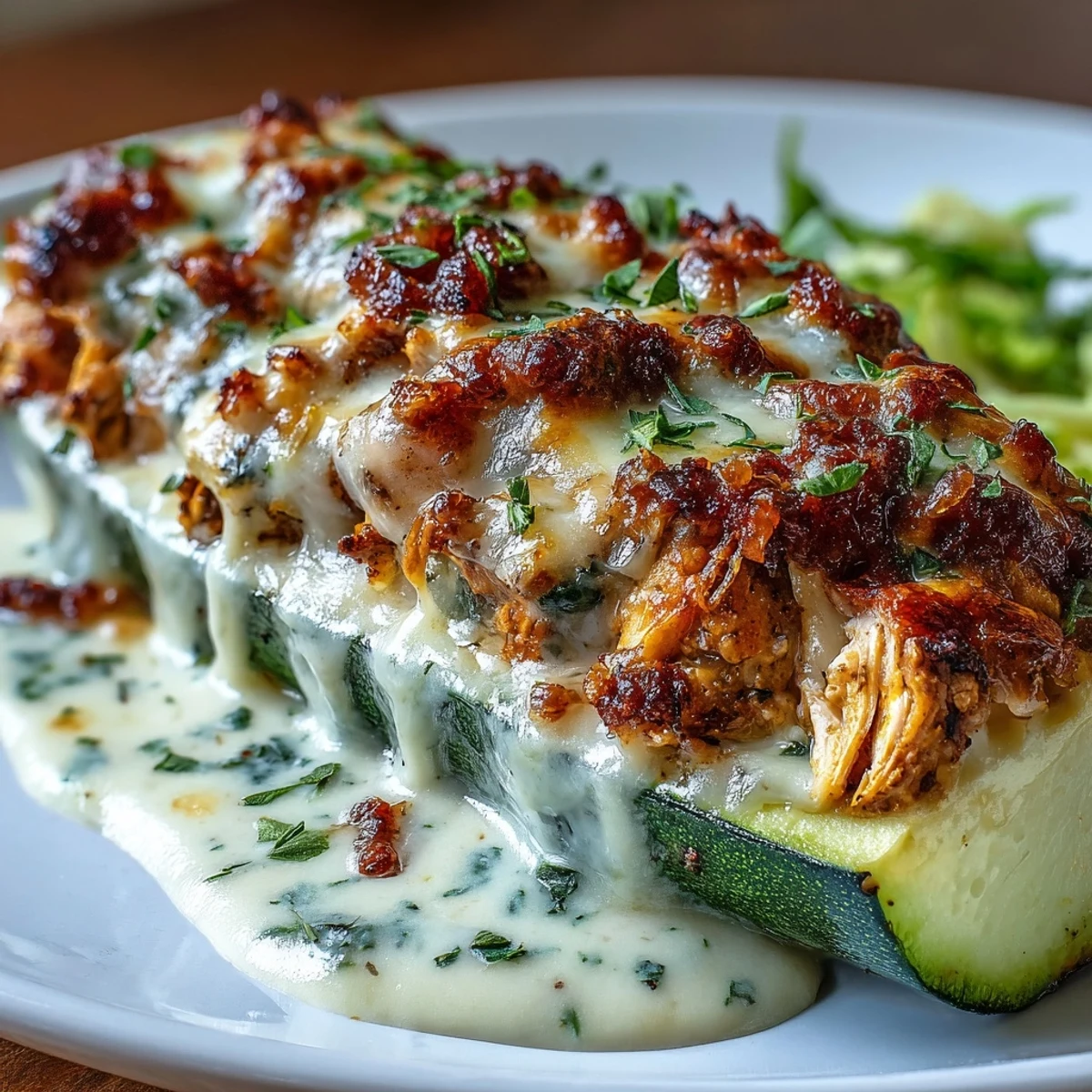 Keto Creamy Garlic Chicken Zucchini Boats with melted cheese and savory filling.  