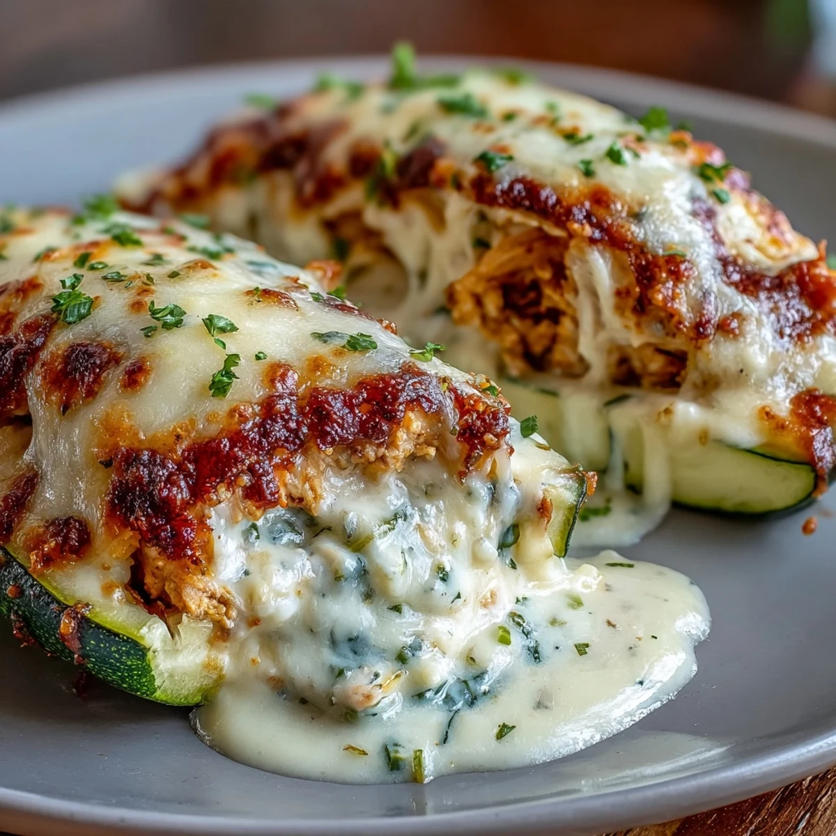 Baked zucchini boats loaded with juicy chicken, rich garlic cream sauce, and mozzarella.