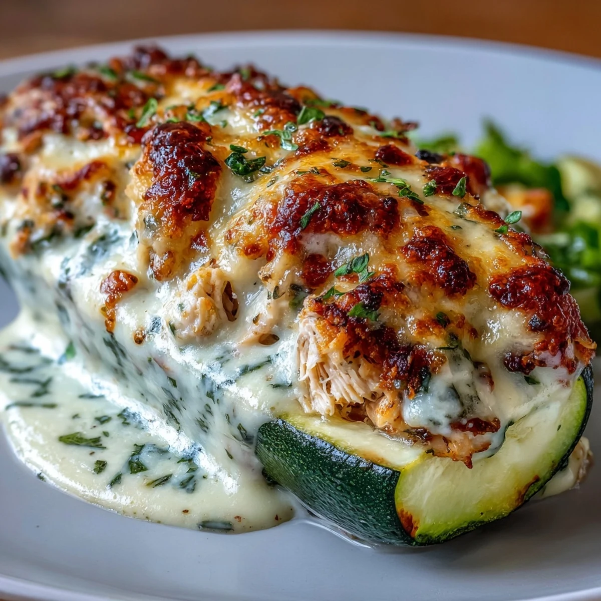 Delicious low-carb zucchini boats stuffed with creamy garlic chicken and Parmesan.  