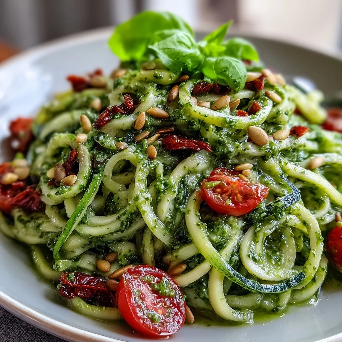 Creamy dairy-free pumpkin seed pesto coats spiralized zucchini noodles for a fresh, plant-based Italian-inspired main dish.