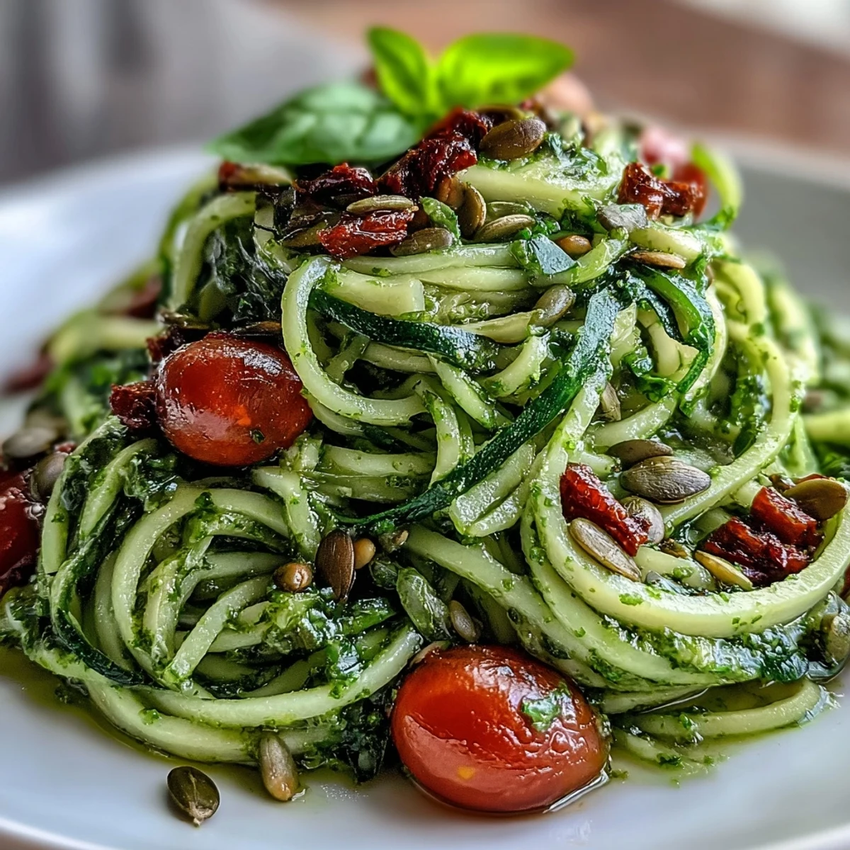 Raw zucchini noodles tossed with homemade pumpkin seed pesto, offering a light and flavorful vegan gluten-free meal.