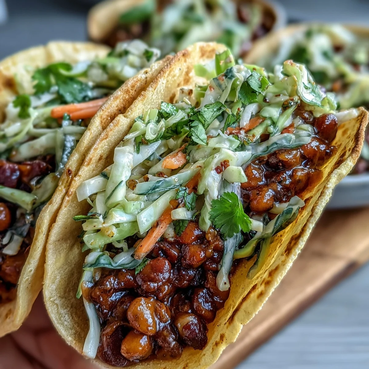 Smoky BBQ lentils served in soft corn tortillas with vibrant red and green cabbage slaw.  