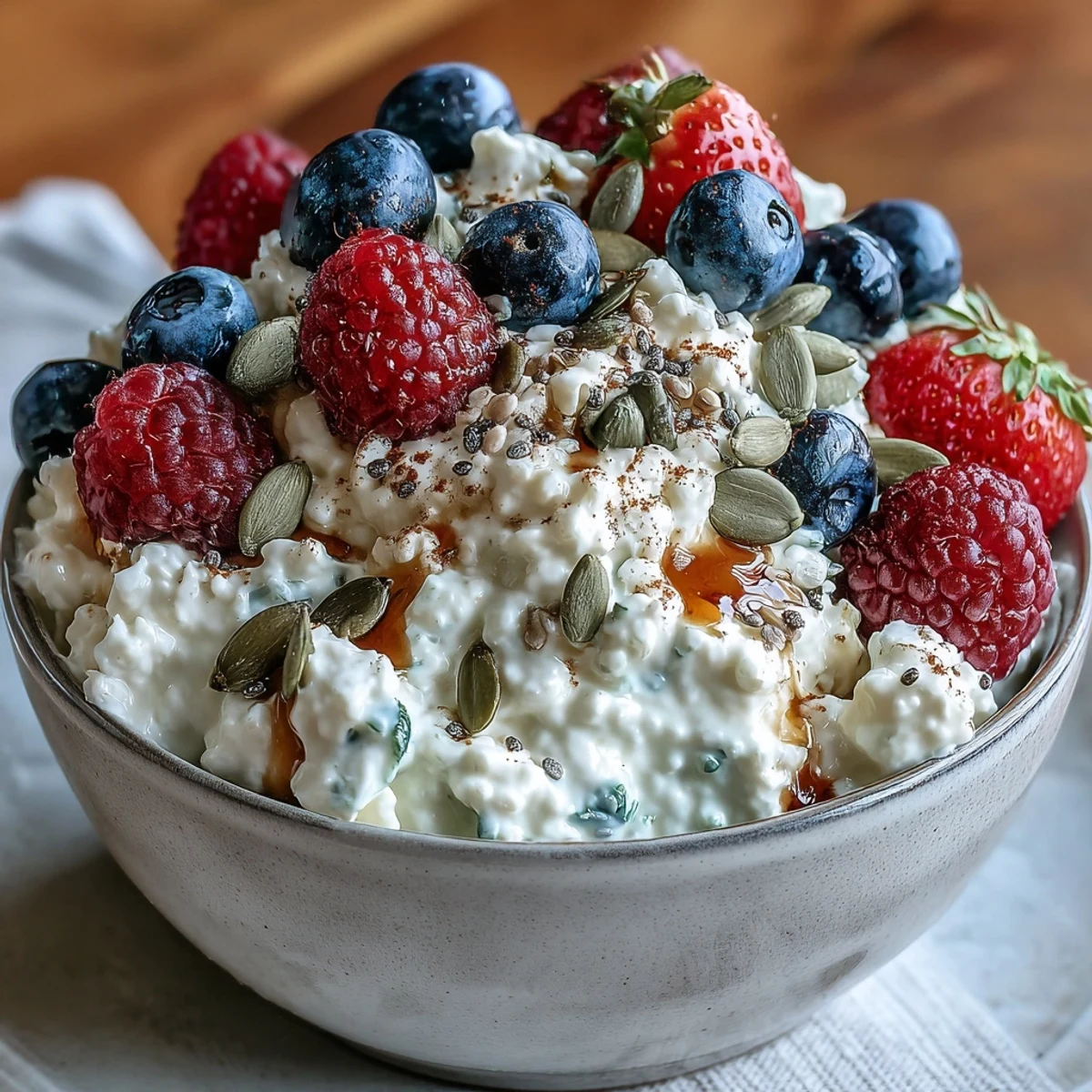 Creamy cottage cheese topped with fresh berries and crunchy sunflower and pumpkin seeds for a quick, protein-rich snack.  