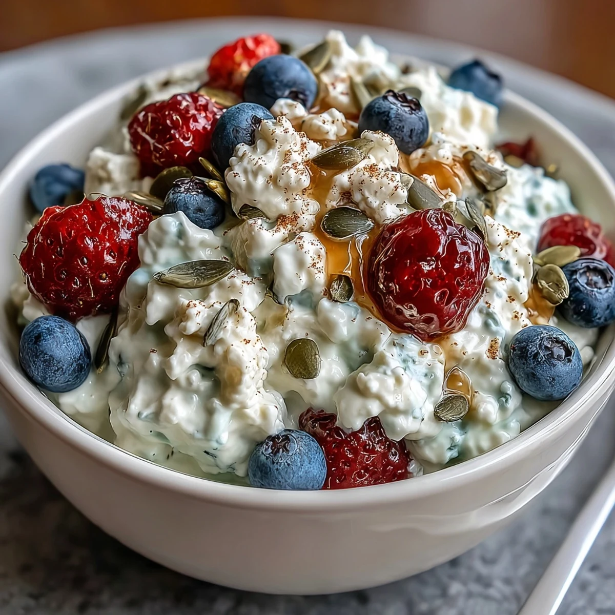 A vibrant bowl of cottage cheese, mixed berries, and a sprinkle of chia and flaxseeds, perfect for a light breakfast.  