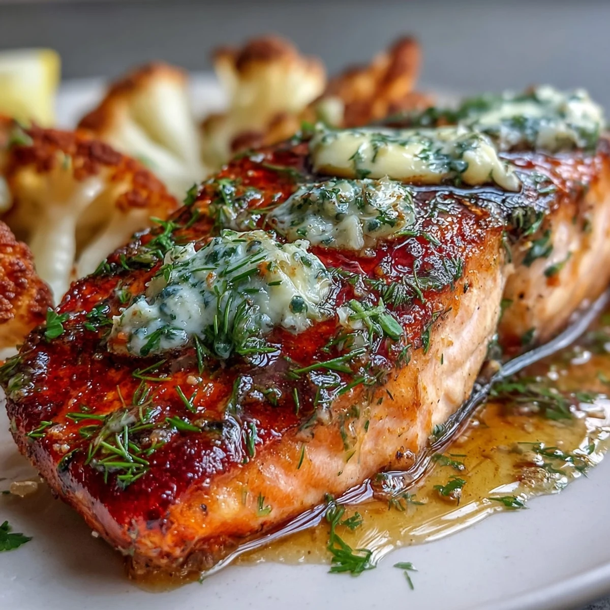 Tender salmon fillets baked with herb butter, paired with smoky roasted cauliflower for a healthy keto feast.
