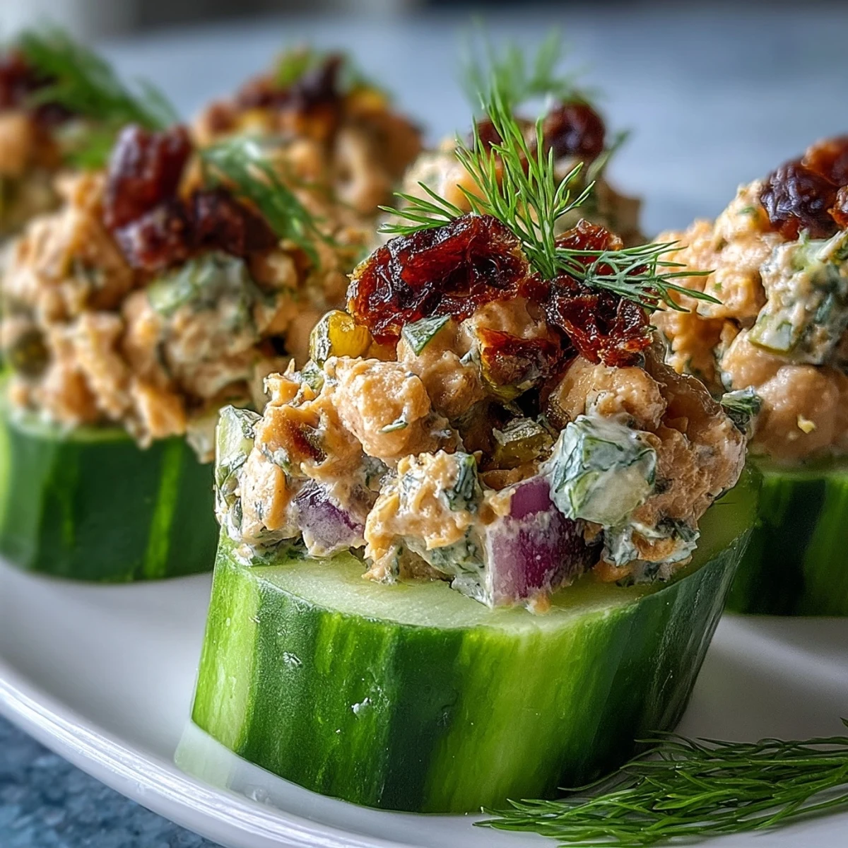 Vibrant cucumber halves piled high with flavorful vegan chickpea tuna salad, ideal for a healthy, easy-to-make appetizer or light lunch.