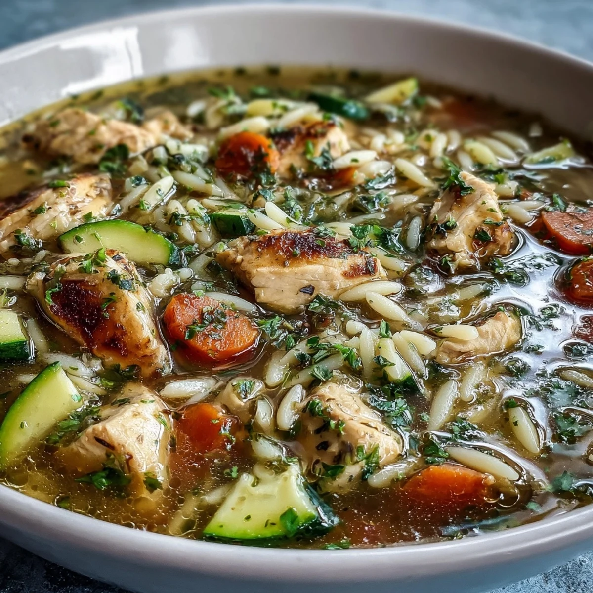 A steaming bowl of one-pot lemon chicken and zucchini orzo soup, garnished with fresh parsley and lemon slices for a bright, comforting meal.