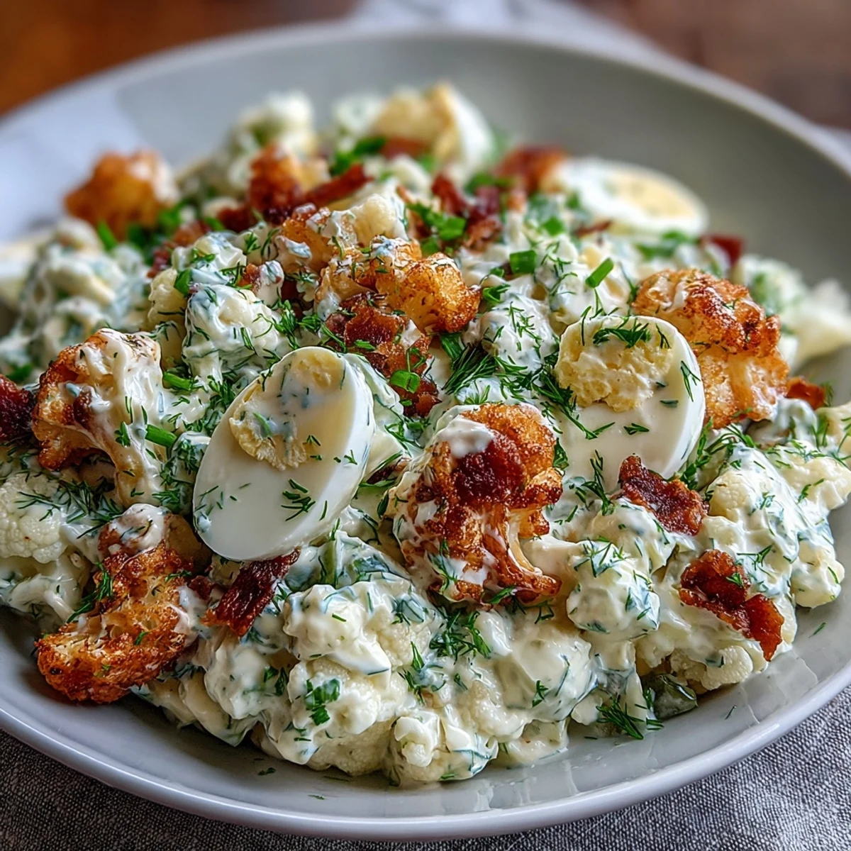 Low-carb cauliflower salad with crisp pickles, hard-boiled eggs, and fresh dill for summer gatherings.  