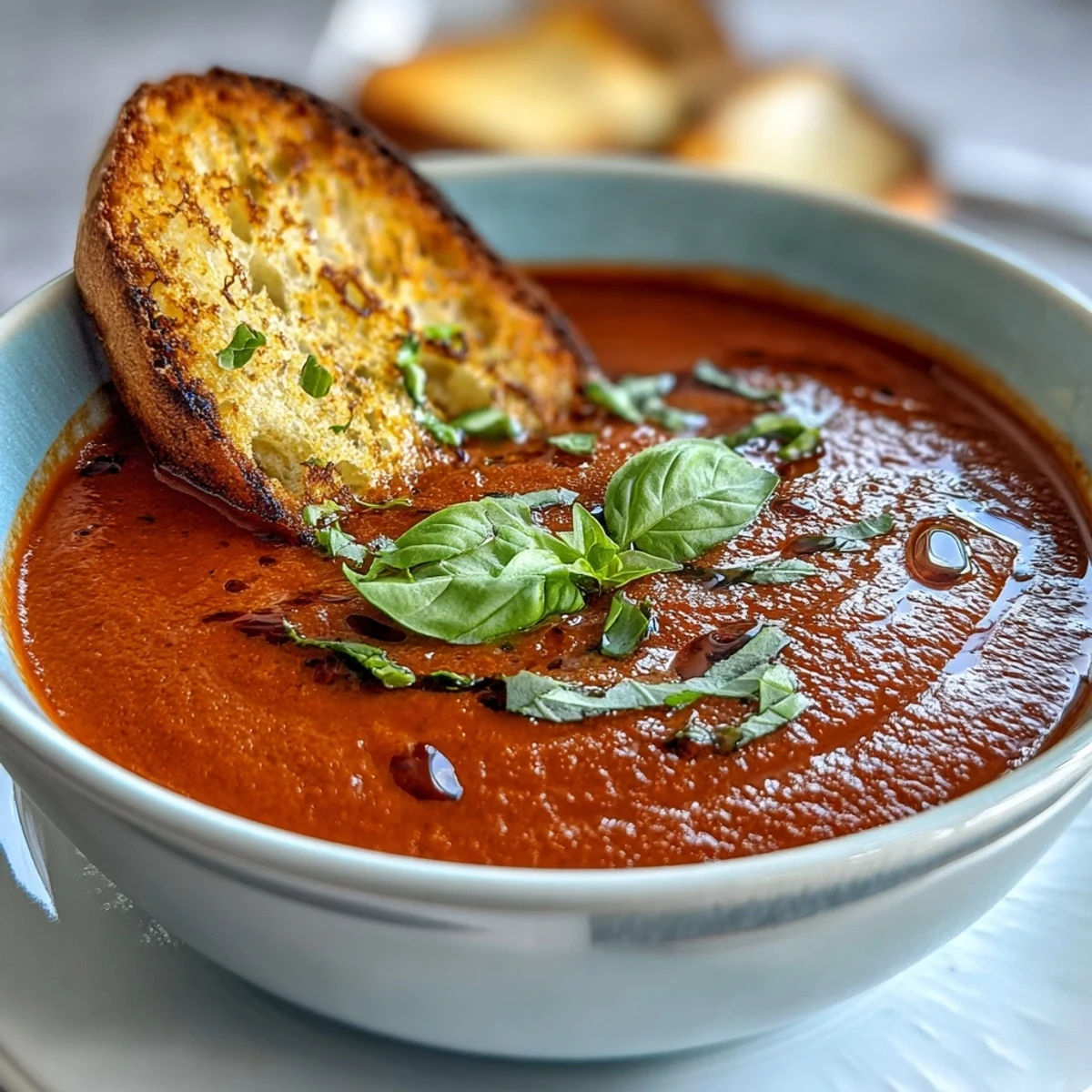 A bowl of creamy vegan tomato basil soup with swirls of coconut milk and fresh basil leaves, served with golden garlic sourdough dippers.  