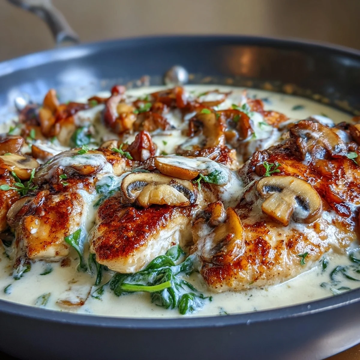 Keto Creamy Spinach Mushroom Chicken Skillet with golden seared chicken in a rich, garlicky cream sauce.  