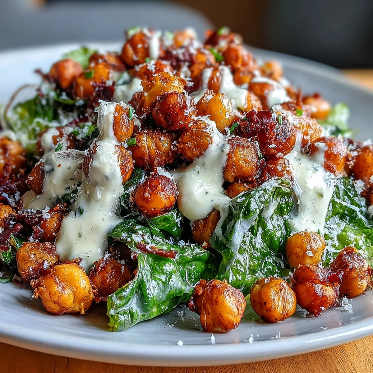 A vibrant vegan Caesar salad with crispy roasted chickpeas and creamy cashew dressing, topped with vegan Parmesan.  