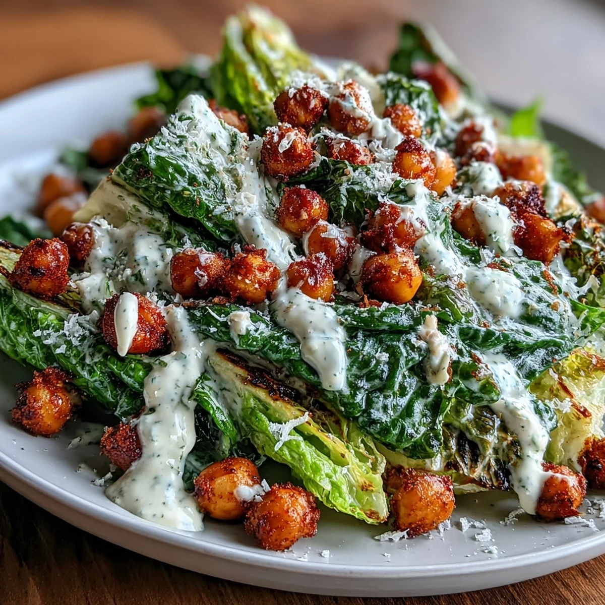 Colorful romaine lettuce tossed with creamy cashew Caesar dressing and crispy roasted chickpea croutons, perfect for vegans.
