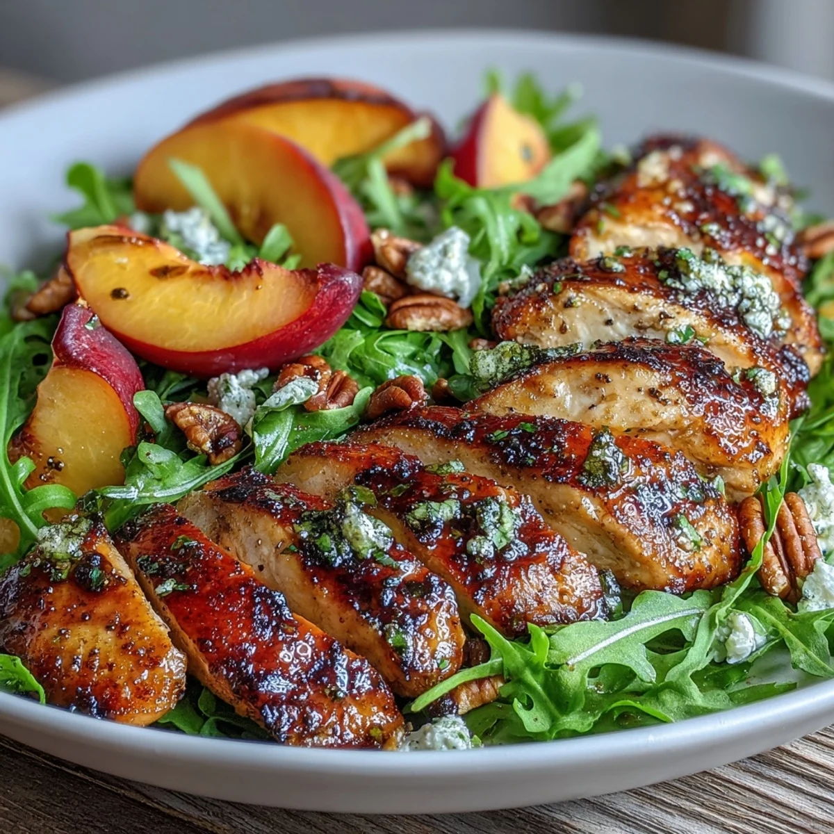 Grilled Chicken and Peach Arugula Salad with Balsamic Drizzle - a colorful, fresh summer dish with juicy grilled chicken, sweet peaches, and peppery arugula.  