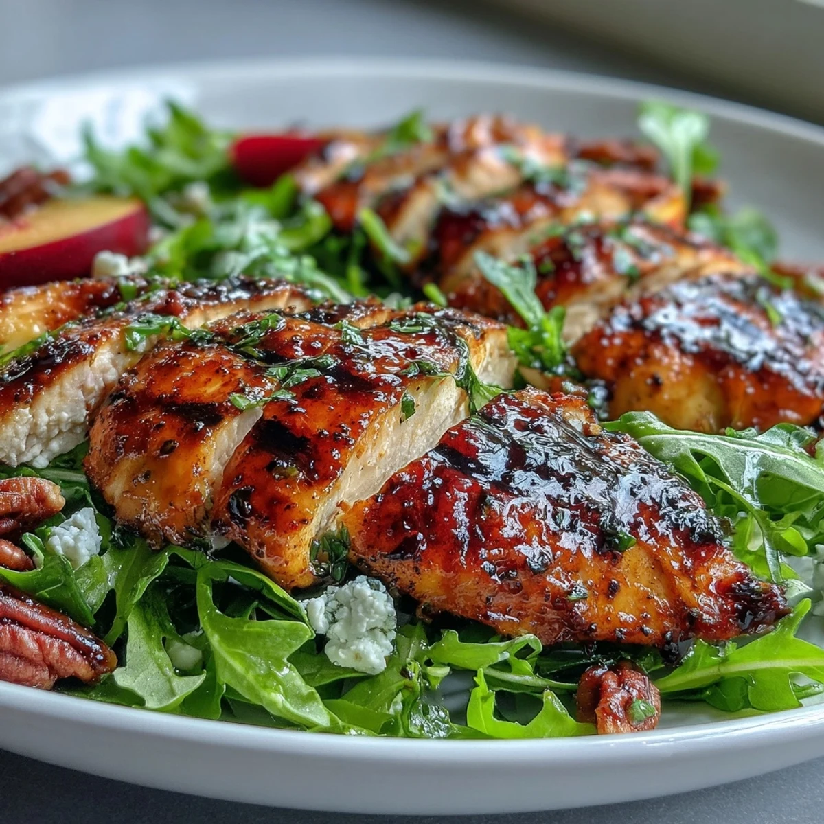 A light and vibrant salad featuring tender grilled chicken, ripe peaches, and tangy balsamic glaze over fresh arugula and crunchy toasted nuts.  