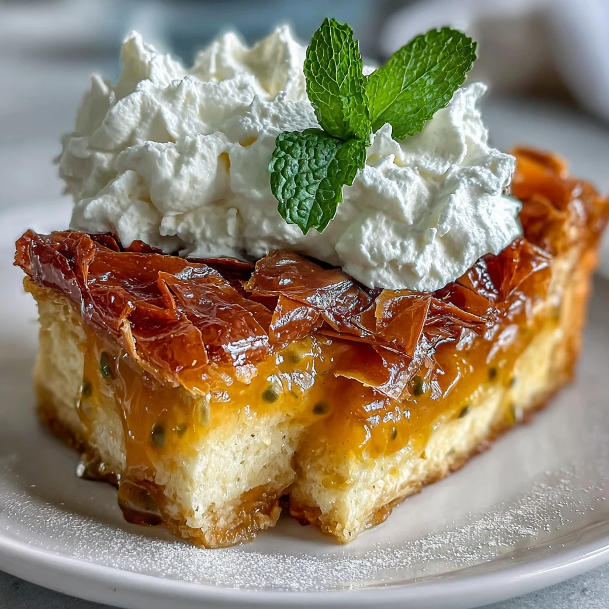 Golden phyllo tart shell filled with smooth passionfruit curd, topped with clouds of vanilla whipped cream.  