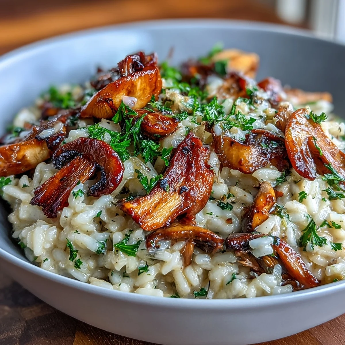 Wild mushroom risotto with truffle oil, creamy and rich, plated elegantly for a gourmet vegetarian meal.