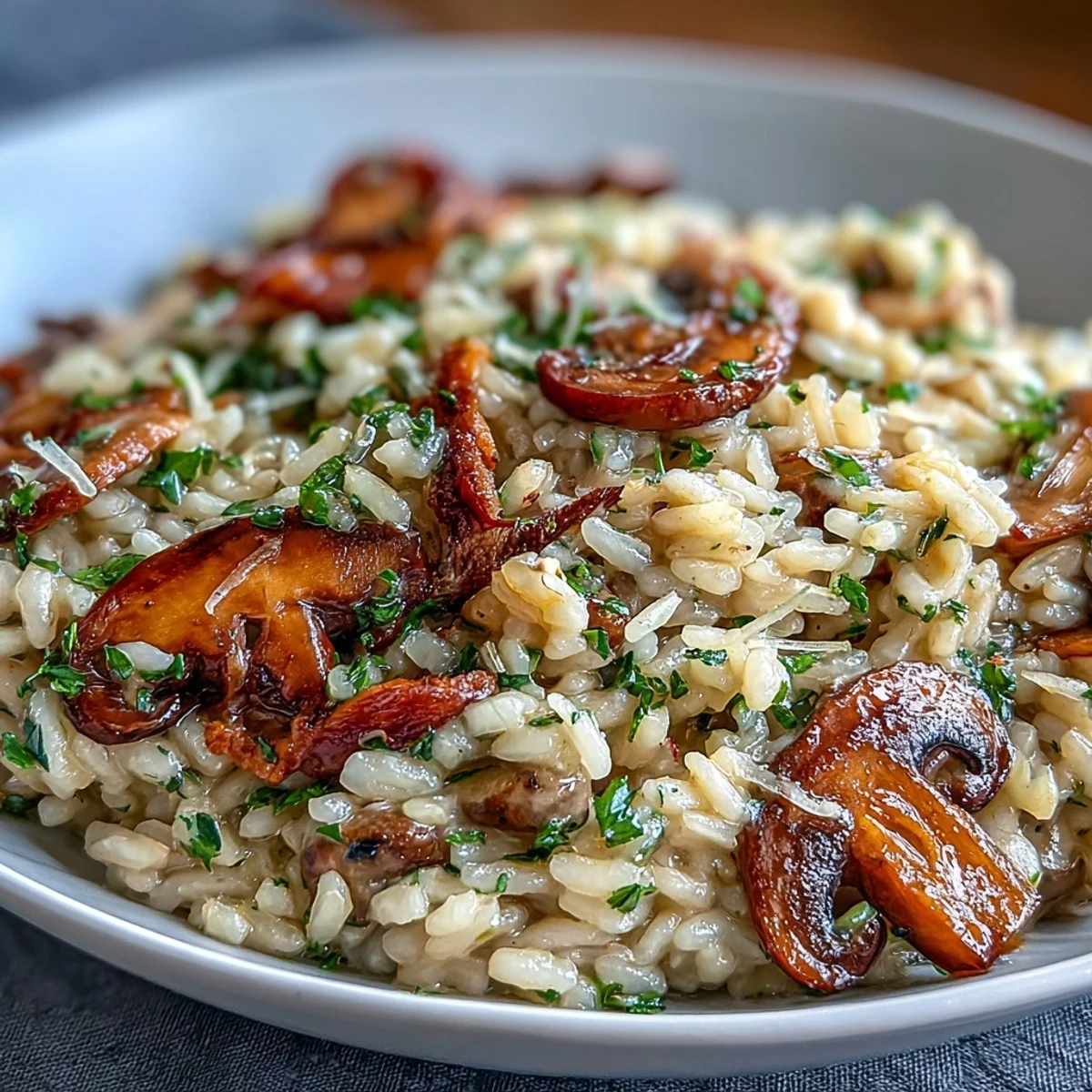 Luxurious truffle oil drizzled over wild mushroom risotto, with Parmesan cheese and a side of crusty bread.  
