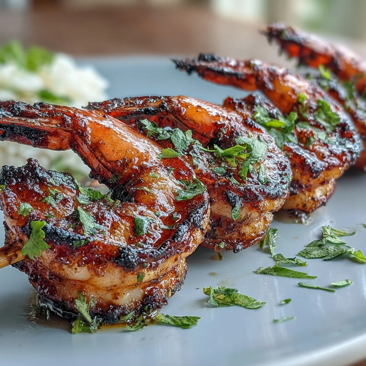 Jerk seasoning shrimp skewers sizzling on the grill, served over creamy coconut rice with fresh lime wedges and cilantro for a vibrant, tropical meal.  