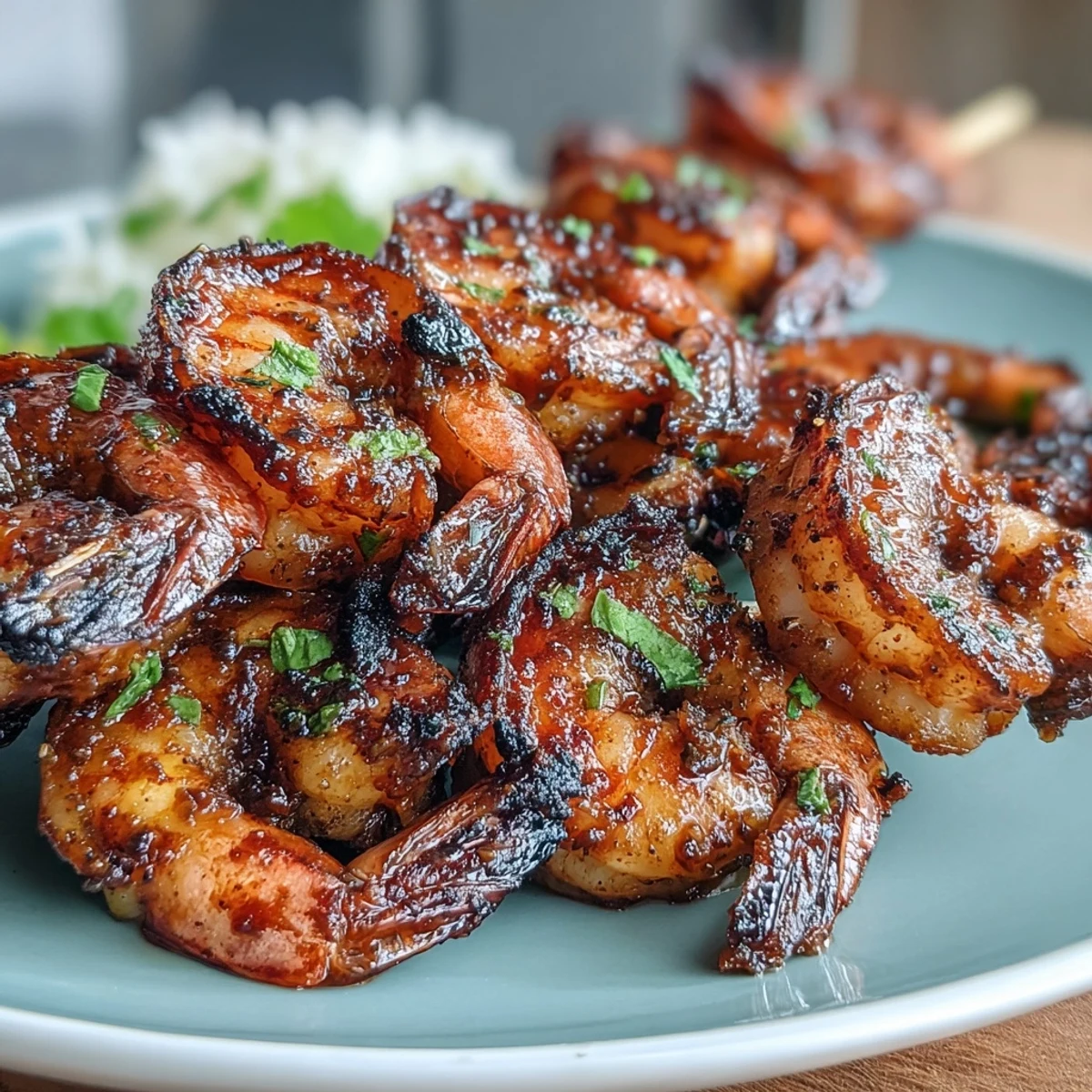 Succulent shrimp coated in aromatic jerk spices, grilled and served with fluffy coconut rice, garnished with cilantro and lime for a zesty, flavorful dish.