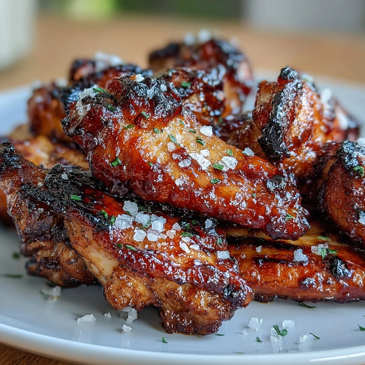Golden-brown wings tossed in a rich honey-sriracha sauce, balancing floral sweetness with spicy kick and a touch of savory butter.