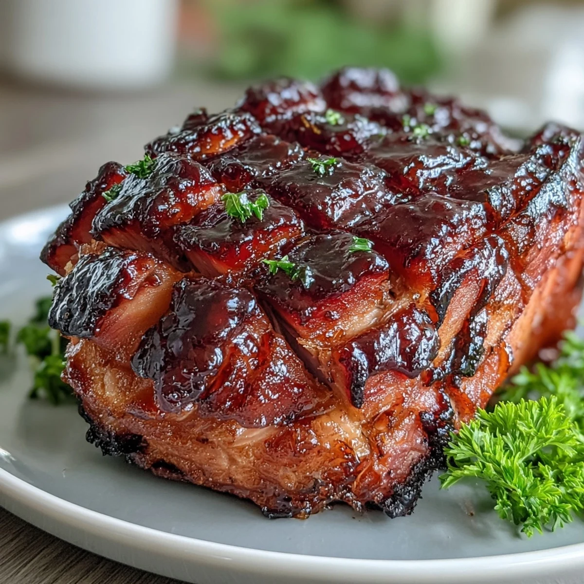 Aromatic ham with a glossy black currant jam glaze, featuring hints of allspice and freshly ground black pepper for depth of flavor.  