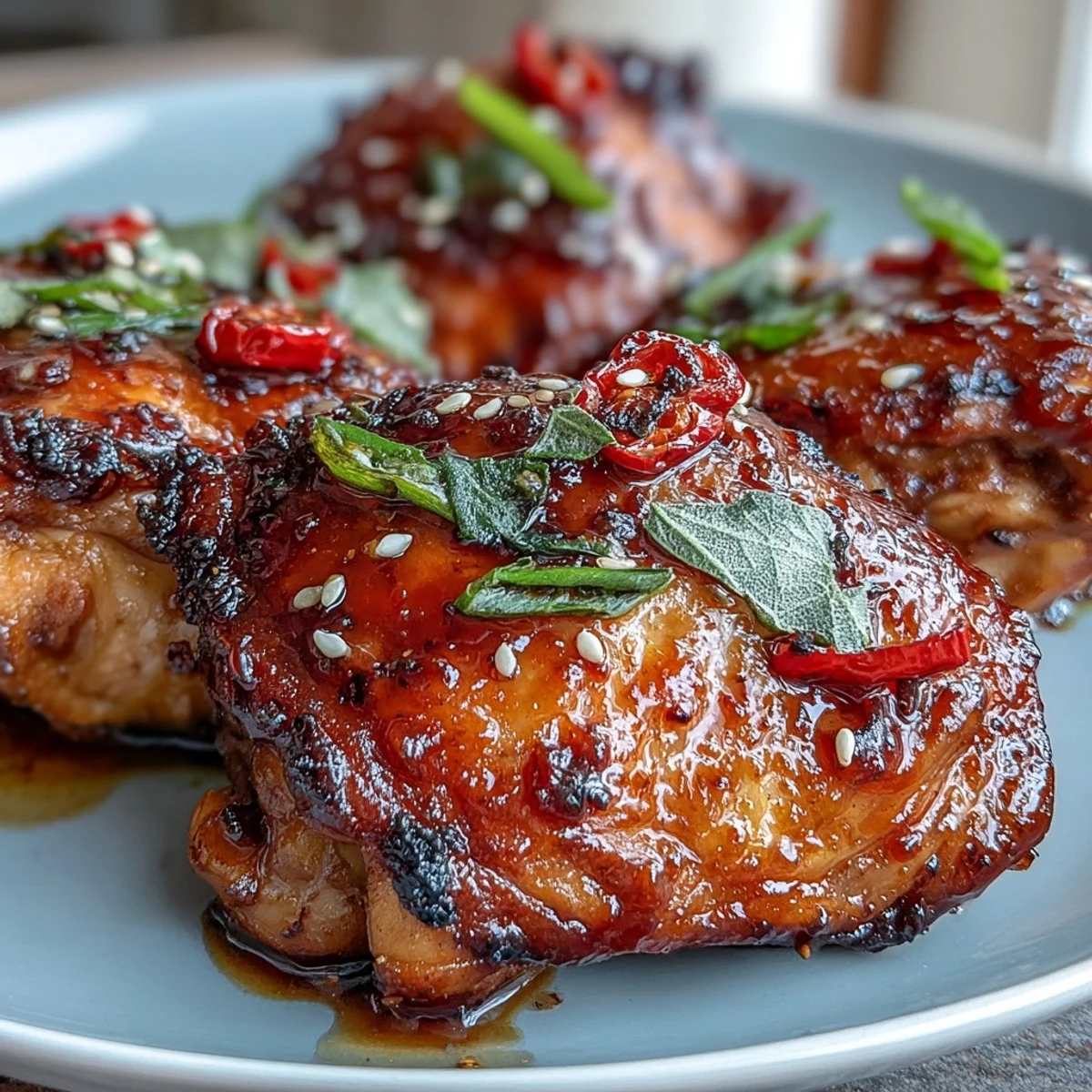 Roasted chicken thighs glazed with sticky chili jam for a perfect balance of sweet and spicy flavors.