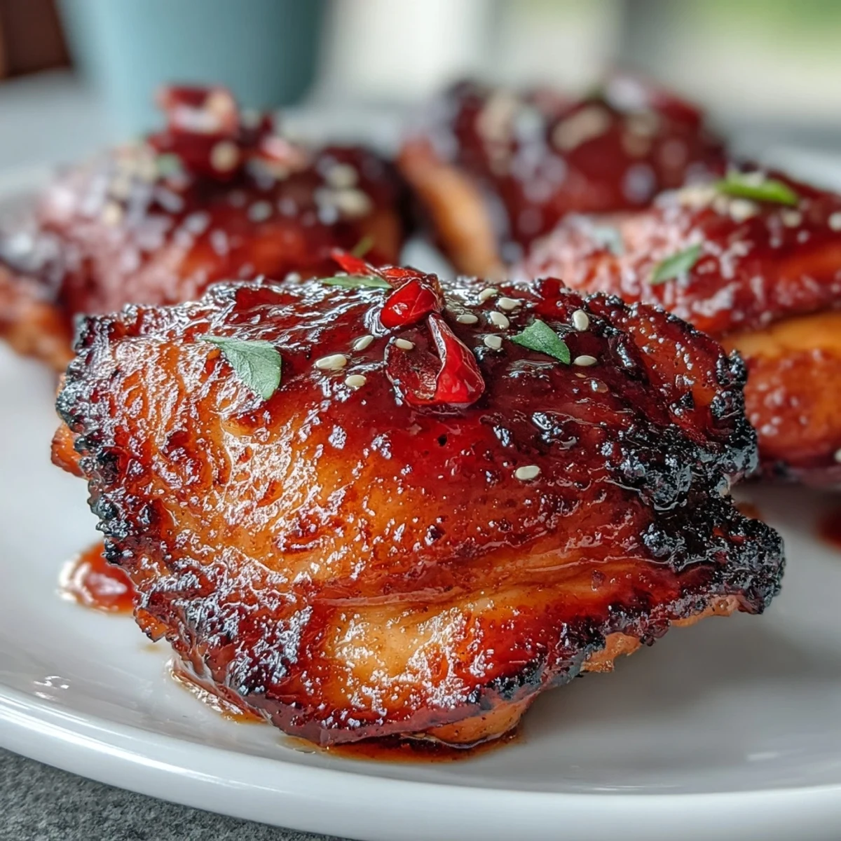 Oven-roasted chili jam chicken thighs with a glossy, sticky glaze, garnished with fresh herbs and sesame seeds.