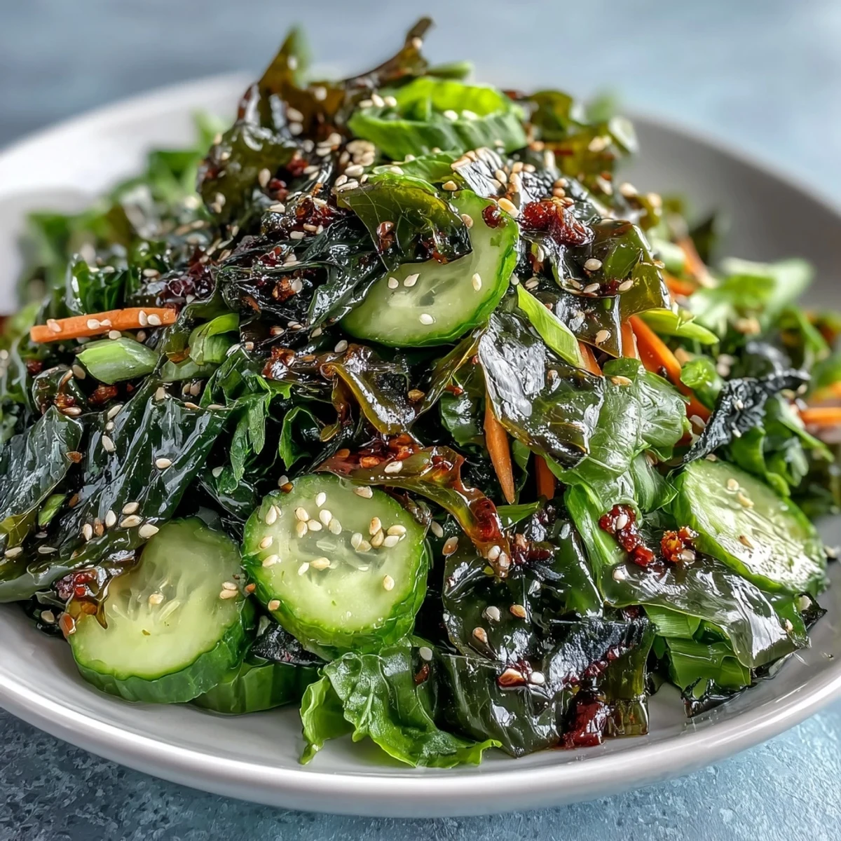 Seaweed & Nori Crunchy Salad with sesame seeds and ginger-soy dressing in a bowl.