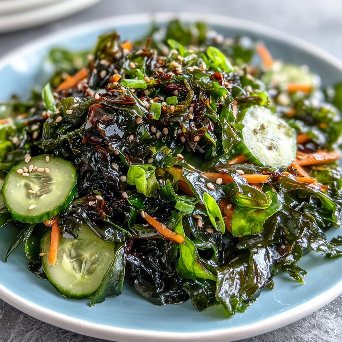 Fresh Seaweed & Nori Crunchy Salad topped with sesame seeds and colorful vegetables.