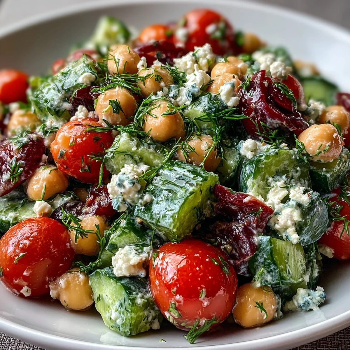 Easy Chickpea Cucumber Salad with Feta and Tomatoes in a white bowl, topped with fresh herbs and crumbled feta, served as a healthy Mediterranean lunch.