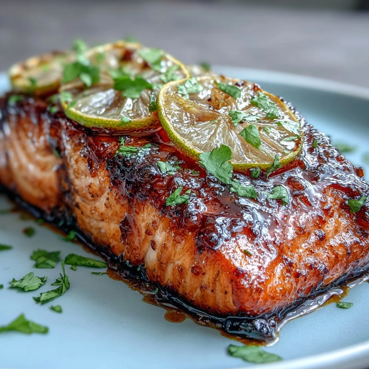 Honey-Lime Garlic Butter Baked Salmon with fresh lime slices and herbs, glistening in a sweet and zesty glaze, ready to serve.